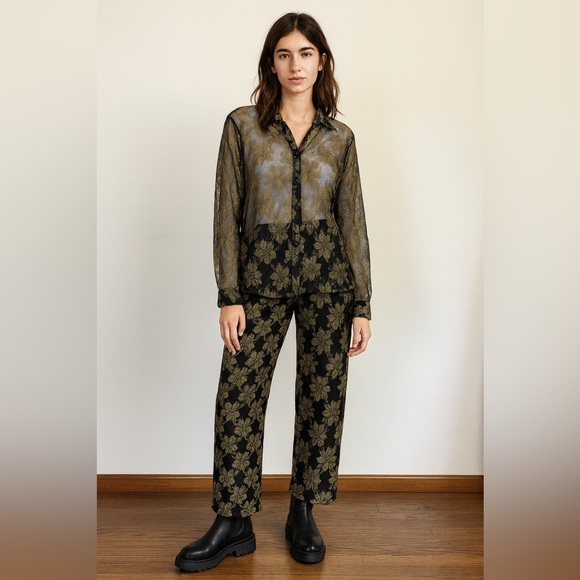 Carole Little 2 Piece Suit Set Black Gold Lace Sheer Blouse Pants Sz L